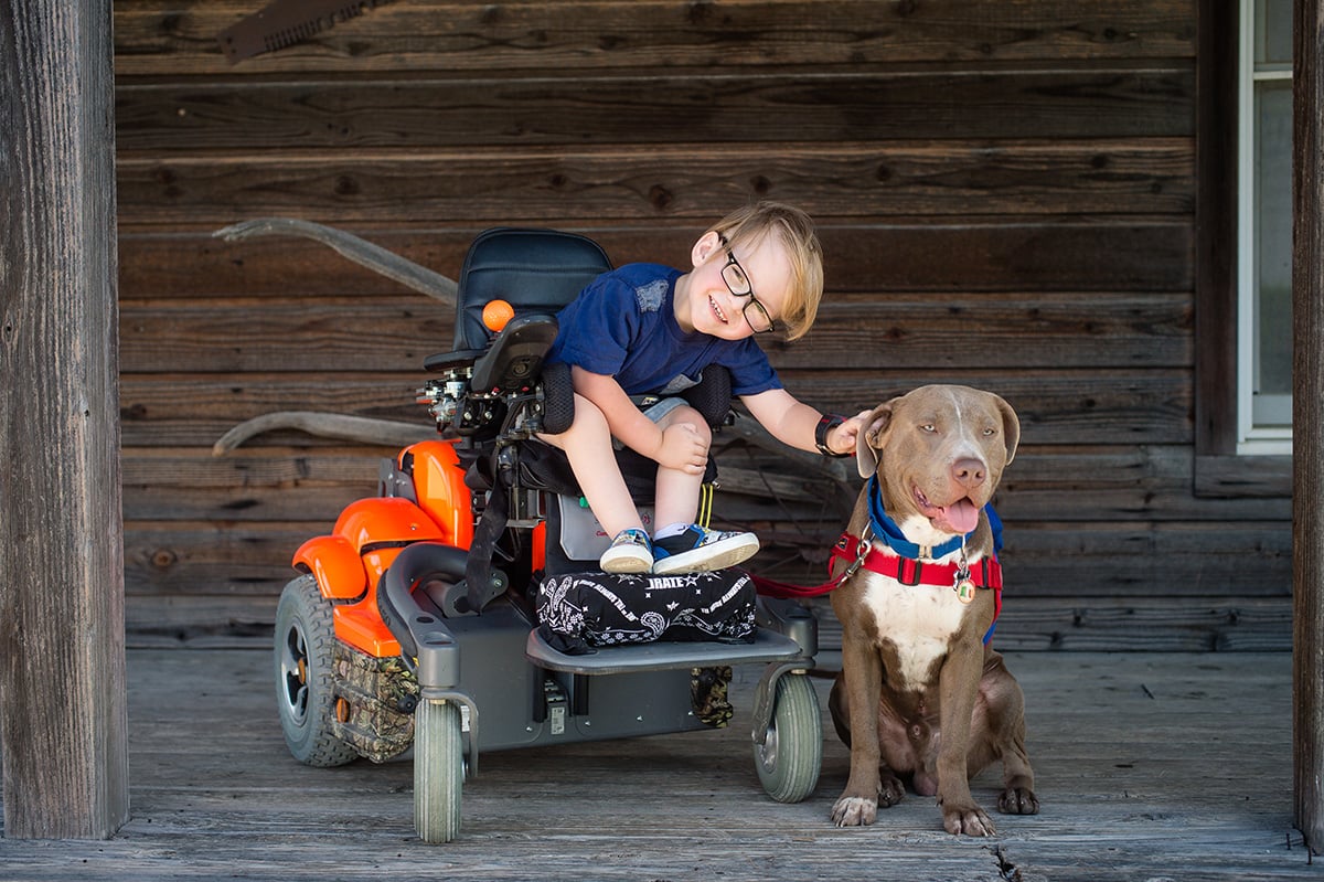 A boy on K450 Wheelchair petting a dog