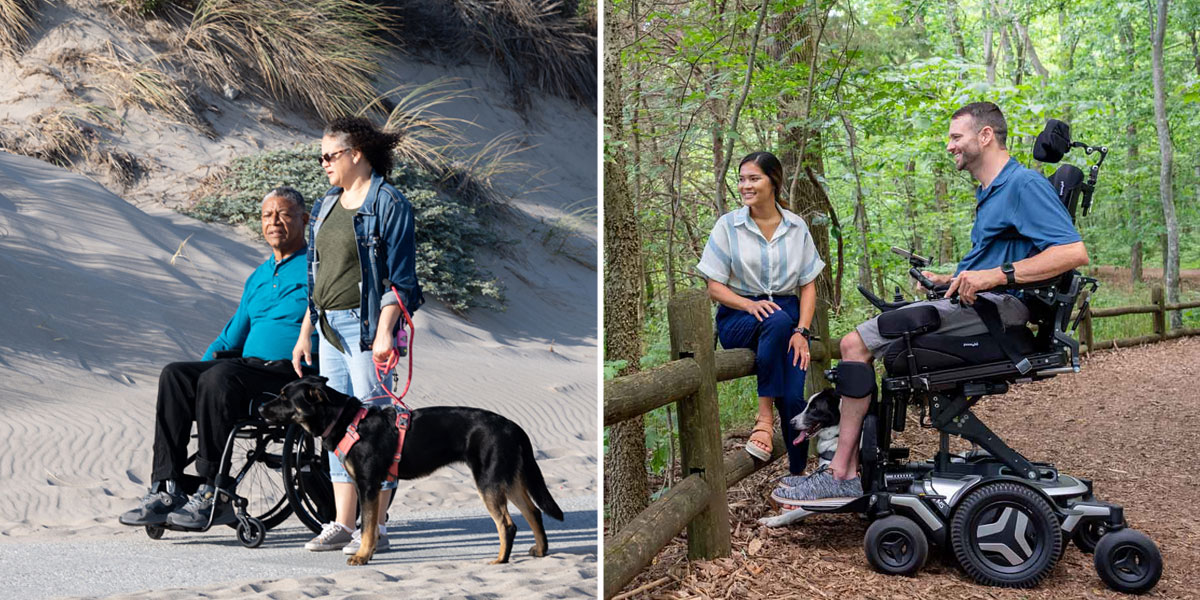 A man and woman with a kelpie dog in the left image and a woman and man in the woods in the right image. Both men are using a wheelchair, the left using a TiLite, the right using a Permobil M5 power. 