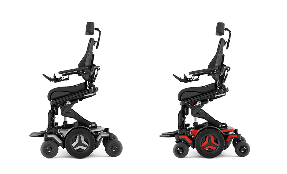 A Permobil M3 and M5 power wheelchair side by side.